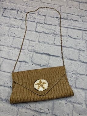 Wimberly Woven Tan Straw Crossbody Clutch with Gold Starfish Accent & Chain